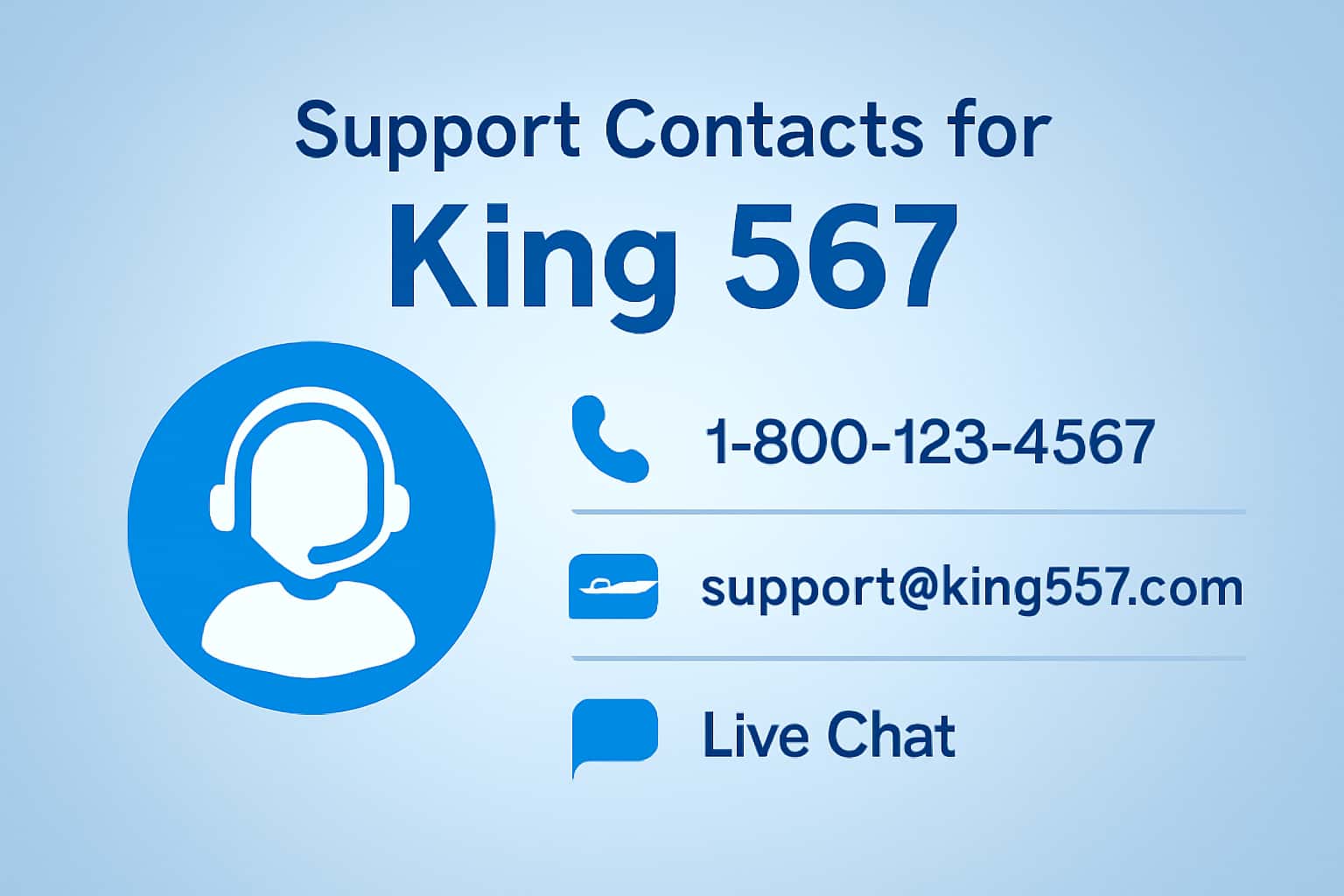An informative graphic illustrating support contacts for King 567.