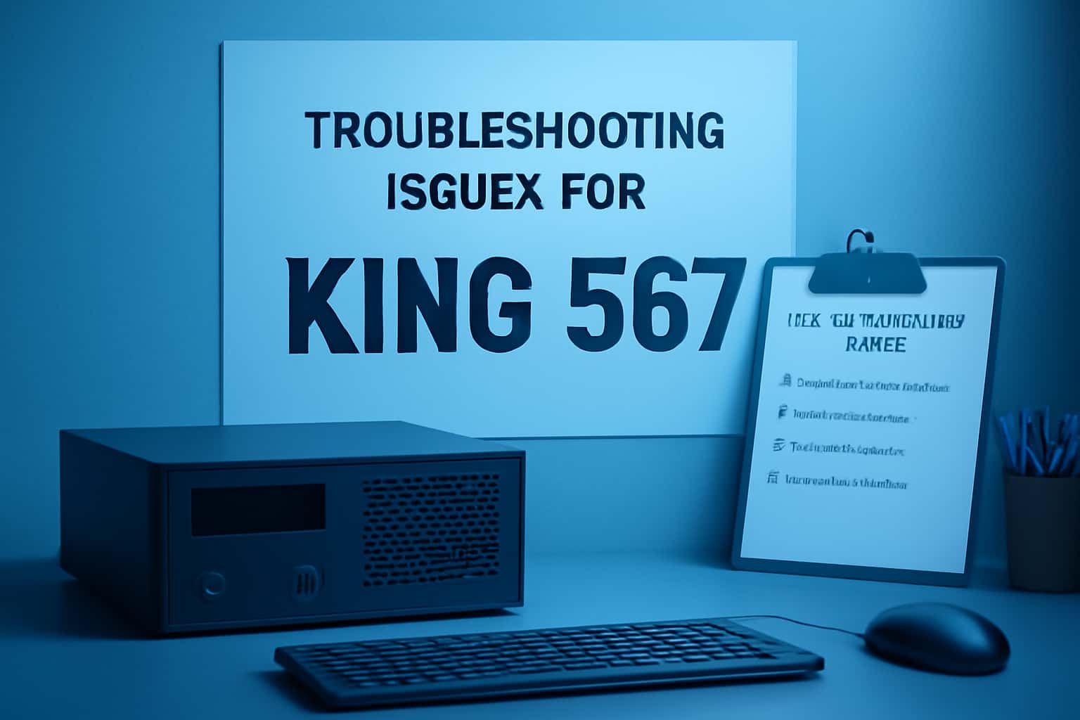 A professional setup depicting troubleshooting support with King 567 branding.